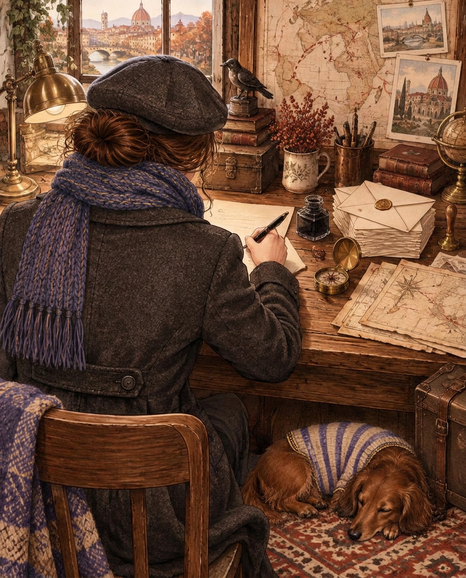 Illustration of Amaya seen from behind writing a letter at her desk, her face hidden, maps and a sleeping dachshund nearby