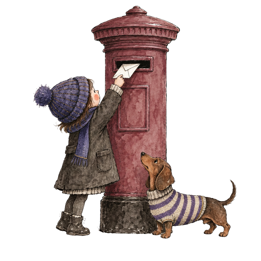 Daakiya.ink logo: a child posting a letter into a vintage postbox with a dachshund