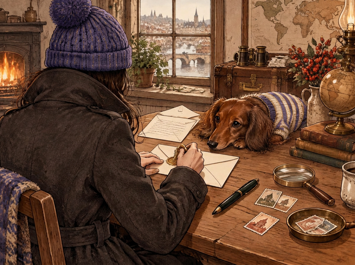 Illustration seen from behind of a coated figure sealing a cream envelope at a desk, her face hidden, with a dachshund resting beside her