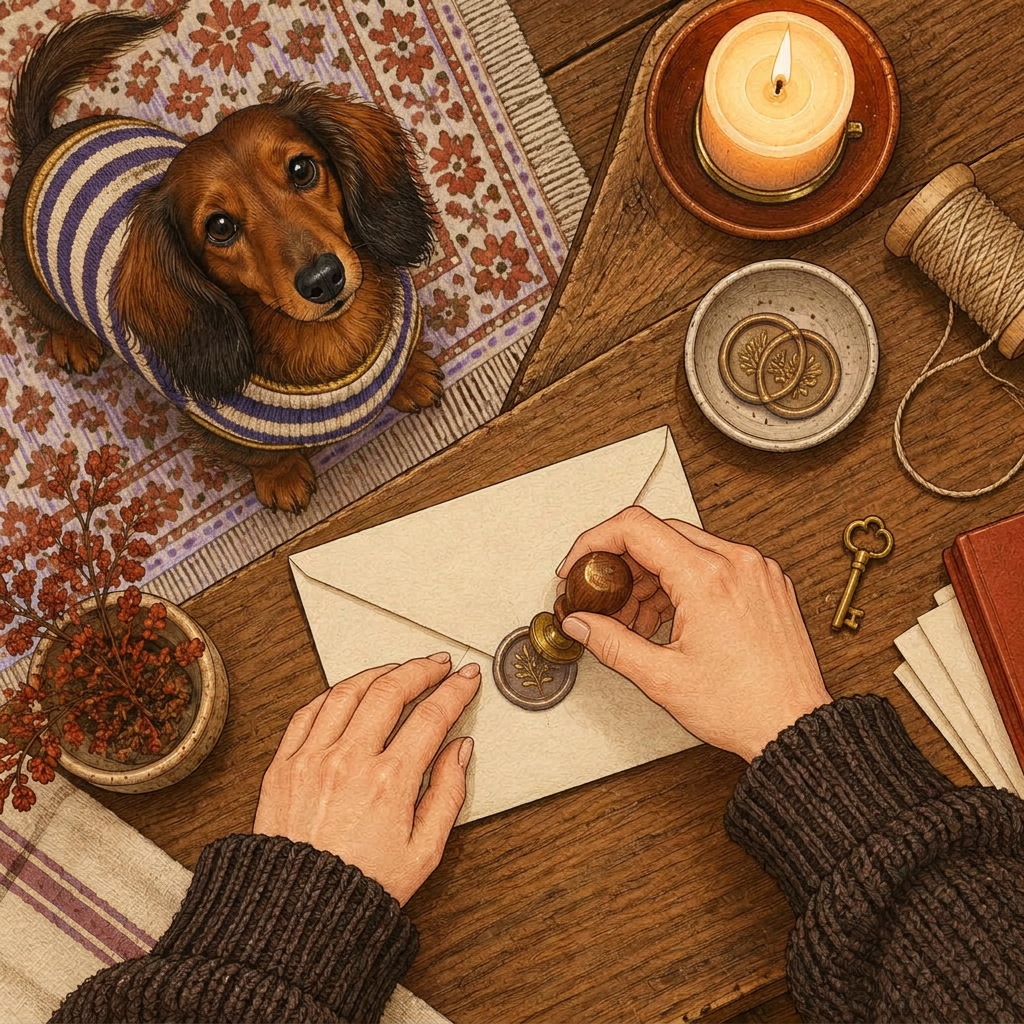 Illustration of gloved hands pressing a red wax seal onto an envelope while a dachshund watches