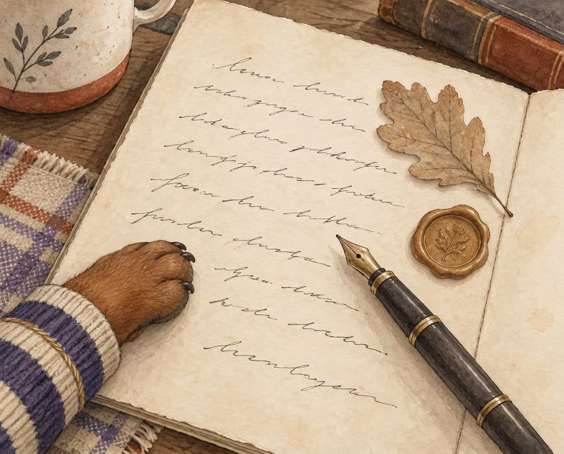 Illustration of an open letter page with a fountain pen, a pressed leaf and a red wax seal