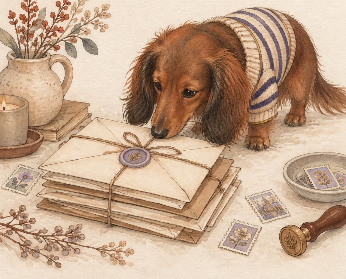 Illustration of a dachshund in a striped sweater sniffing a bundle of cream envelopes tied with twine